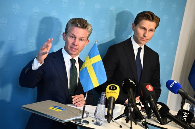 Sweden's Defence Minister Pal Jonson  and his Finnish counterpart Antti Hakkanen attend a press conference in Stockholm, Sweden, September 16, 2024. TT News Agency/Claudio Bresciani/via REUTERS