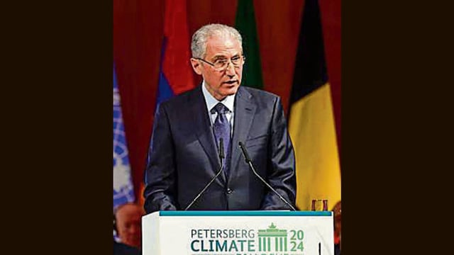 Mukhtar Babayev, Azerbaijan's Minister of Ecology and Natural Resources and President of COP29, delivers a speech of the Petersberg Climate Dialogue (Petersberger Klimadialog) meeting at the Foreign Office in Berlin (AFP)