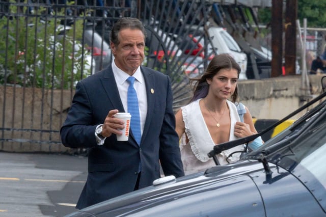 New York Governor Andrew Cuomo (L) and Michaela Kennedy-Cuomo are seen at the Eastside Heliport in Midtown on August 10, 2021 in New York City