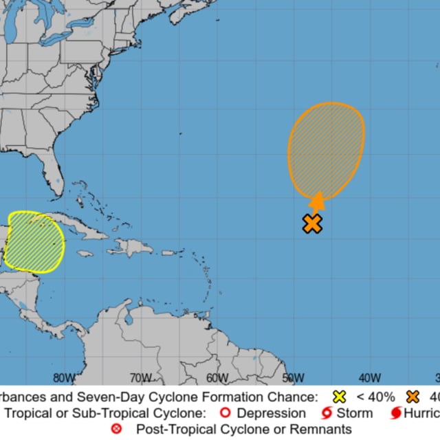 National Hurricane Center Atlantic 7-Day graphical tropical weather outlook. The remnants of Gordon are in orange, with a 60 percent chance of becoming a tropical storm again in the next 7 days, while another disturbance is in yellow.