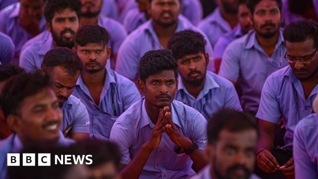 Mandatory Credit: Photo by RAGUL KRUSHAN/EPA-EFE/REX/Shutterstock (14724285a) Indian workers of Samsung India Electronics participate in a strike in Chennai, Tamil Nadu India, 17 September 2024. Nearly 100 workers of Samsung India, along with Centre of Indian Trade Unions (CITU) leader E Muthu Kumar, President of the Samsung India Workers Union, were arrested on 16 September morning but were let off in the evening as Samsung employees' protest enters ninth day demanding better wages and improved working conditions. Samsung employees in India protest demanding better wages, Chennai - 17 Sep 2024
