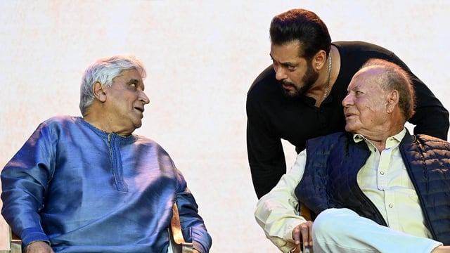 Bollywood actor Salman Khan (top R) with his father, film producer and screenwriter Salim Khan (seated R) and Javed Akhtar. 