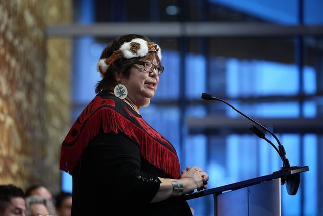 Judith Sayers, president of the Nuu-chah-nulth Tribal Council, speaks in Vancouver on Feb. 7, 2023. The council is declaring a state of emergency over the toxic drug crisis in B.C.
