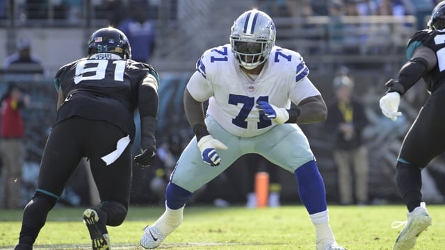 FILE - Dallas Cowboys offensive tackle Jason Peters (71) sets up to block in front of Jacksonville Jaguars defensive end Dawuane Smoot (91) during the second half of an NFL football game, Sunday, Dec. 18, 2022, in Jacksonville, Fla. The Seattle Seahawks signed veteran offensive tackle Jason Peters on Tuesday, Sept. 12, 2023, with the team having concerns about the health of both of their starting tackles. (AP Photo/Phelan M. Ebenhack, File)