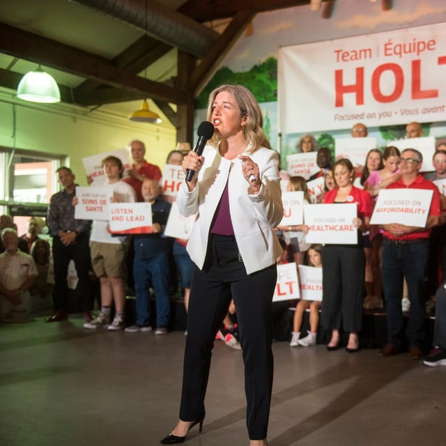 Susan Holt, Liberal party leader in New Brunswick, announces her official candidacy for Fredericton South-Silverwood, at the Liberal Party of New Brunswick's campaign kick-off in Fredericton on Sunday September 8, 2024.  THE CANADIAN PRESS/Stephen MacGillivray