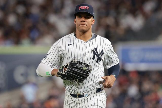 Sep 11, 2024; Bronx, New York, USA; New York Yankees right fielder Juan Soto (22) runs in at the end of the top of the third inning against the Kansas City Royals at Yankee Stadium. Mandatory Credit: Vincent Carchietta-Imagn Images/File Photo