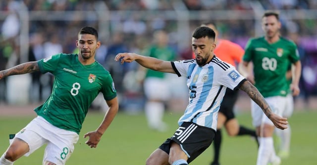 Soccer Football - World Cup - South American Qualifiers - Bolivia v Argentina - Estadio Hernando Siles, La Paz, Bolivia - September 12, 2023 Argentina's Nicolas Gonzalez scores their third goal REUTERS/Manuel Claure