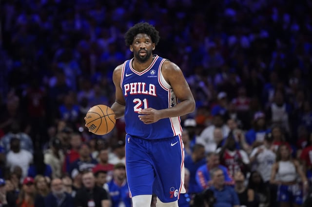 The Philadelphia 76ers' Joel Embiid plays during Game 6 in an NBA basketball first-round playoff series in May 2024.