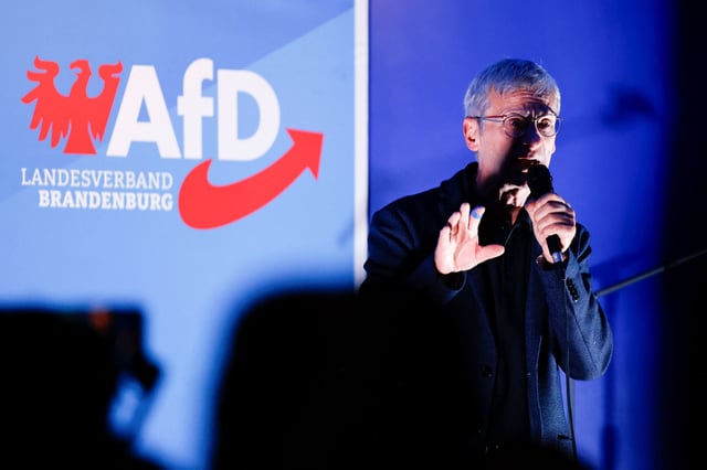 Christoph Berndt speaks during an Alternative for Germany (AfD) campaign rally for the upcoming Brandenburg state election, in Cottbus, Germany, September 19, 2024. REUTERS/Axel Schmidt/File Photo