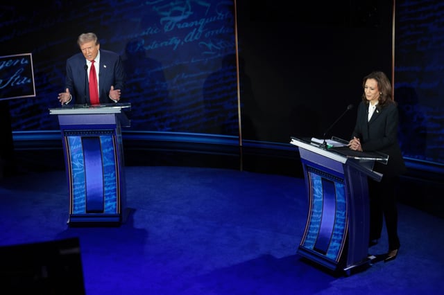 Donald Trump and Vice President Kamala Harris debate for the first time during the presidential election campaign at The National Constitution Center on Sept. 10, 2024.