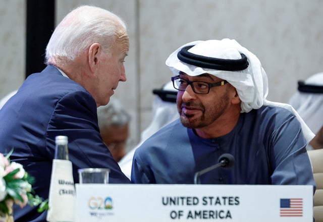 U.S. President Joe Biden speaks with UAE President Sheikh Mohamed bin Zayed Al Nahyan as they attend Partnership for Global Infrastructure and Investment event on the day of the G20 summit in New Delhi, India, September 9, 2023. REUTERS/Evelyn Hockstein/Pool/File Photo