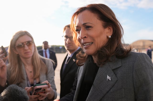 Democratic presidential nominee Vice President Kamala Harris speaks to members of the media upon her arrival at Andrews Air Force Base, Maryland, U.S., September 22, 2024. Matt Rourke/Pool via REUTERS/File Photo
