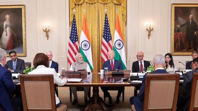 In June 2023, at the tech roundtable with PM Narendra Modi and President Joe Biden, Vrinda Kapoor (second on Biden’s left) represented India’s start-up world. Modi’s visit set the foundations of the fab project. (HT)
