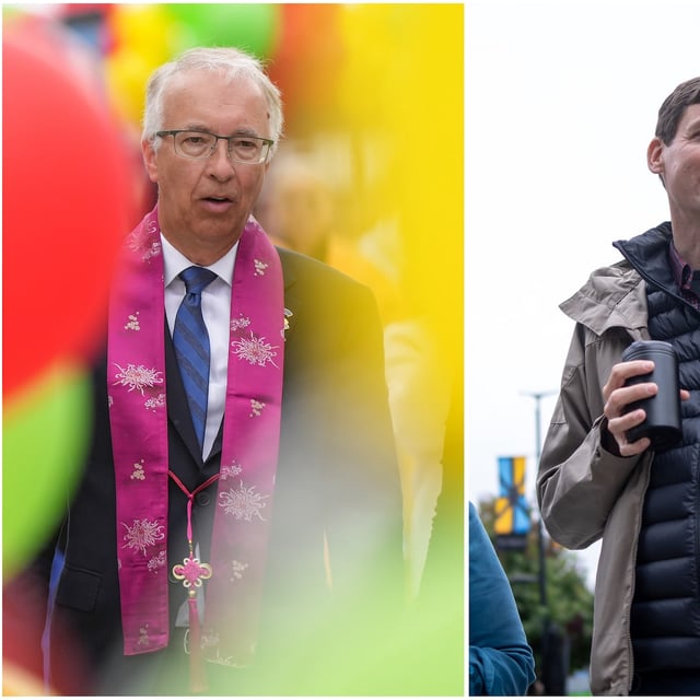 In a composite image made of two photographs, B.C. Conservative Leader John Rustad, left, walks after attending a ceremony at the LingYen Mountain Temple Buddhist monastery, in Richmond, B.C., Sunday, Sept. 22, 2024; B.C. NDP Leader David Eby speaks with candidates, not shown, in North Vancouver B.C., Sunday, Sept. 22, 2024. THE CANADIAN PRESS/Darryl Dyck, Ethan Cairns