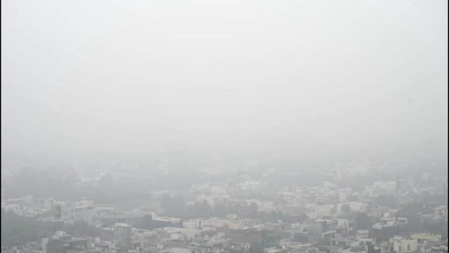 A hazy view of the city seen amid rising air pollution levels Delhi NCR, in Noida in January 2024. (HT Archive)