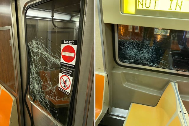 Broken windows on the subway trains