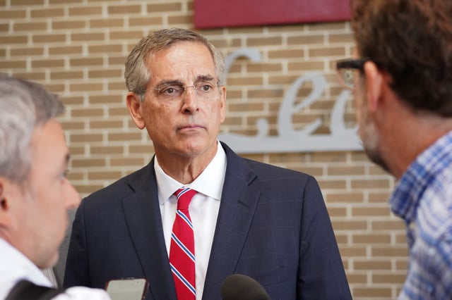 Georgia Secretary of State Brad Raffensperger speaks with members of the media as Georgia state authorities hold an election administration training session for state and local officials in Forsyth, Georgia, U.S. August 27, 2024. REUTERS/Megan Varner
