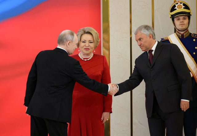 Russian President Vladimir Putin greets Russian State Duma Speaker Vyacheslav Volodin and Russian Federation Council Speaker Valentina Matviyenko before an inauguration ceremony at the Kremlin in Moscow, Russia May 7, 2024. Sputnik/Alexander Kazakov/Pool via REUTERS/File Photo