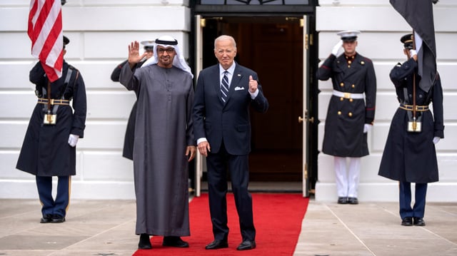 U.S. President Joe Biden greets UAE President Sheikh Mohammed bin Zayed Al Nahyan at the White House, Sept. 23, 2024, in Washington (AP photo by Mark Schiefelbein).