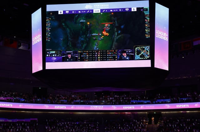 Asian Games - Hangzhou 2022 - E-Sports - China Hangzhou Esports Centre, Hangzhou, China - September 29, 2023 A general view of a screen at the venue during the League of Legends Final REUTERS/Kim Kyung-Hoon/File Photo