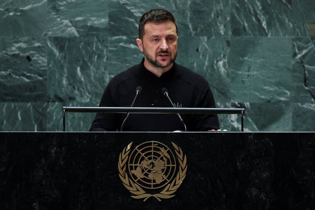 Ukrainian President Volodymyr Zelensky addresses the United Nations General Assembly in New York on Wednesday.
